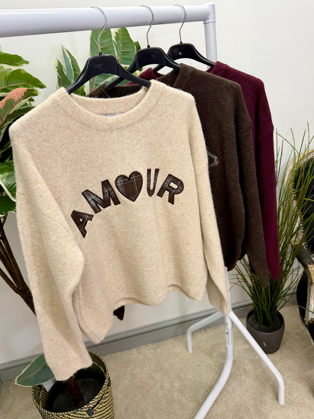 LADIES KNITTED AMOUR JUMPER - BEIGE, BROWN & BERRY
