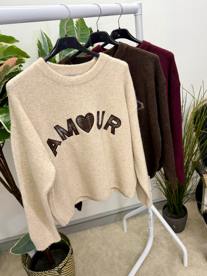 LADIES KNITTED AMOUR JUMPER - BEIGE, BROWN & BERRY