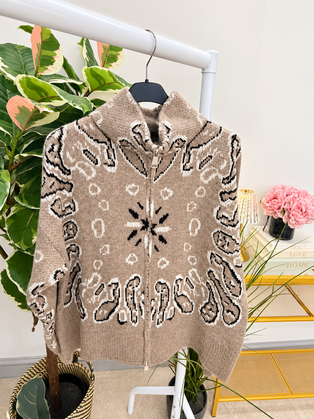 Women's zip up bandana print cardigan - khaki & beige