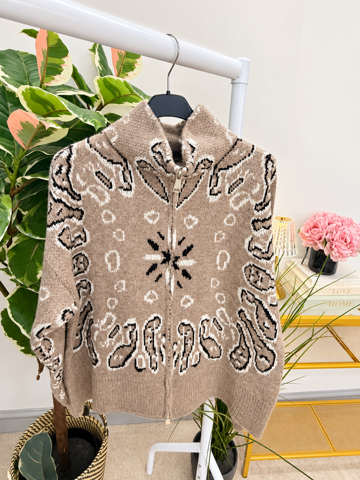 Women's zip up bandana print cardigan - khaki & beige