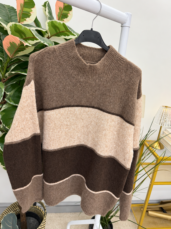 Women's colour block stripe jumper - black, mocha, brown & wine