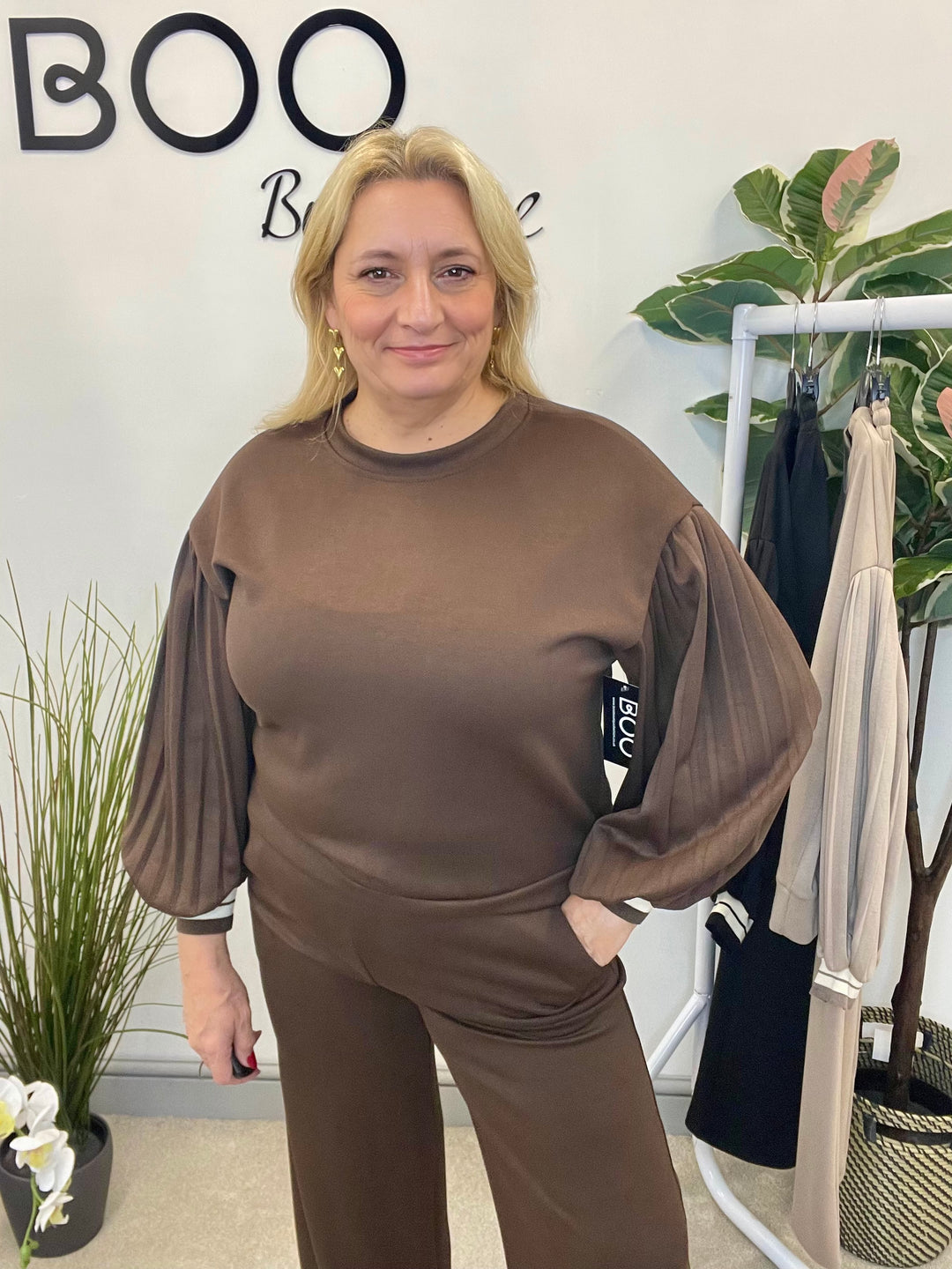 LADIES SCUBA STRAIGHT LEG TROUSER CO ORD SET - BLACK, MOCHA, BROWN