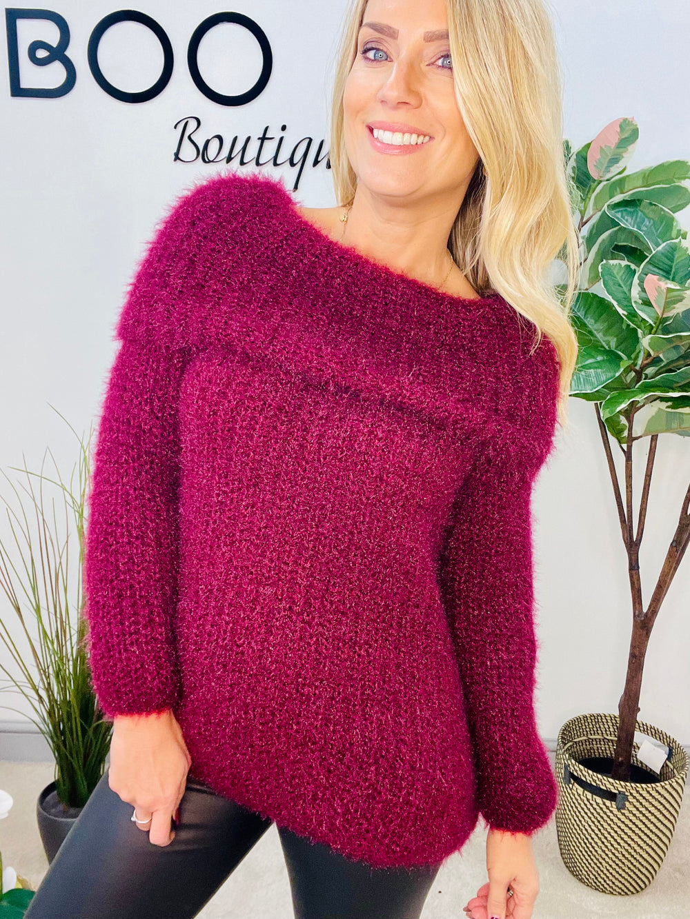 LADIES FLUFFY BARDOT JUMPER - NAVY, BLACK, WINE, MOCHA, BROWN, CREAM