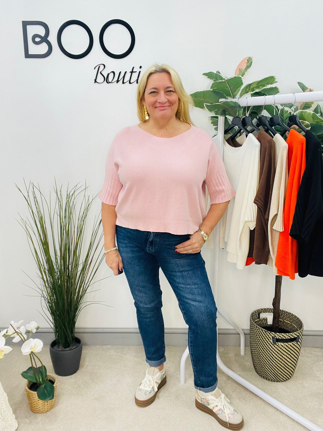 LADIES LOOSE FIT SHORT SLEEVE JUMPER - BROWN, WHITE, ORANGE, PINK, BLACK, BEIGE