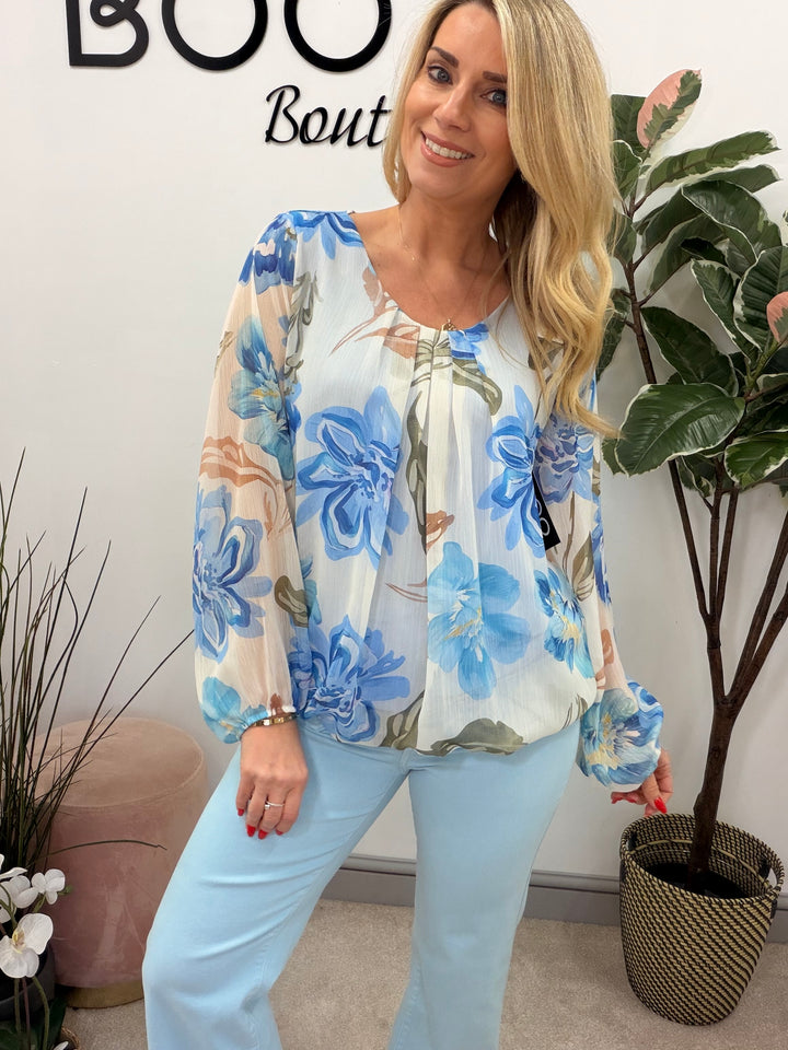 Ladies Fashion Flower Chiffon Blouse Top - Pink, Navy & Blue