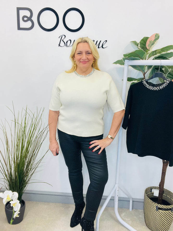 LADIES DIAMANTE NECK JUMPER - BLACK & CREAM