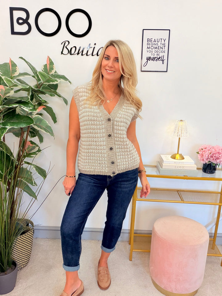 Women’s herringbone knit waistcoat - navy, beige, black, mocha & brown