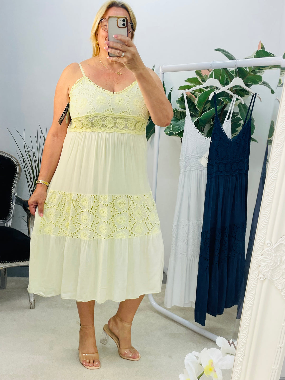 LADIES PRETTY BOHO FEMININE CROCHET DRESS - NAVY, WHITE & LEMON