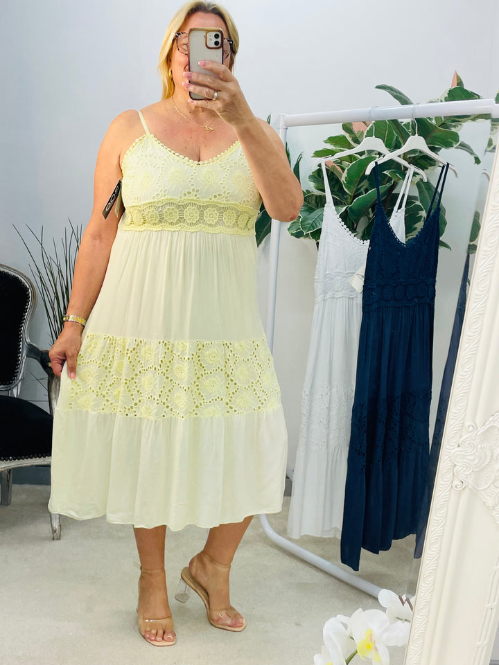 LADIES PRETTY BOHO FEMININE CROCHET DRESS - NAVY, WHITE & LEMON