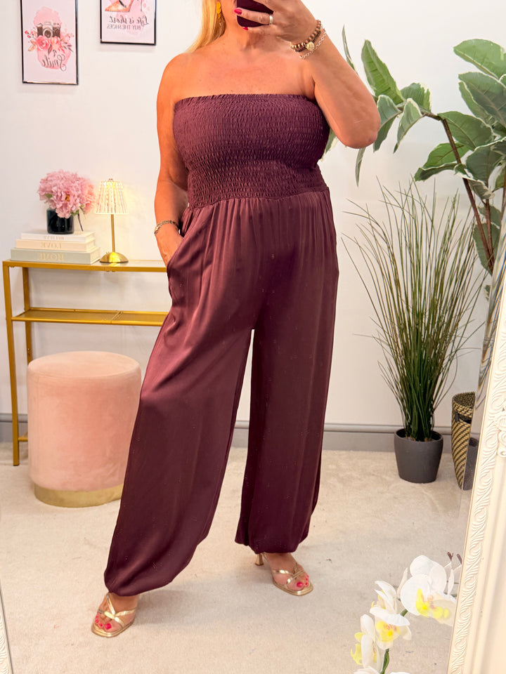 Ladies Fashion Satin Bandeau Harem Leg Jumpsuit - Black, Brown & Wine