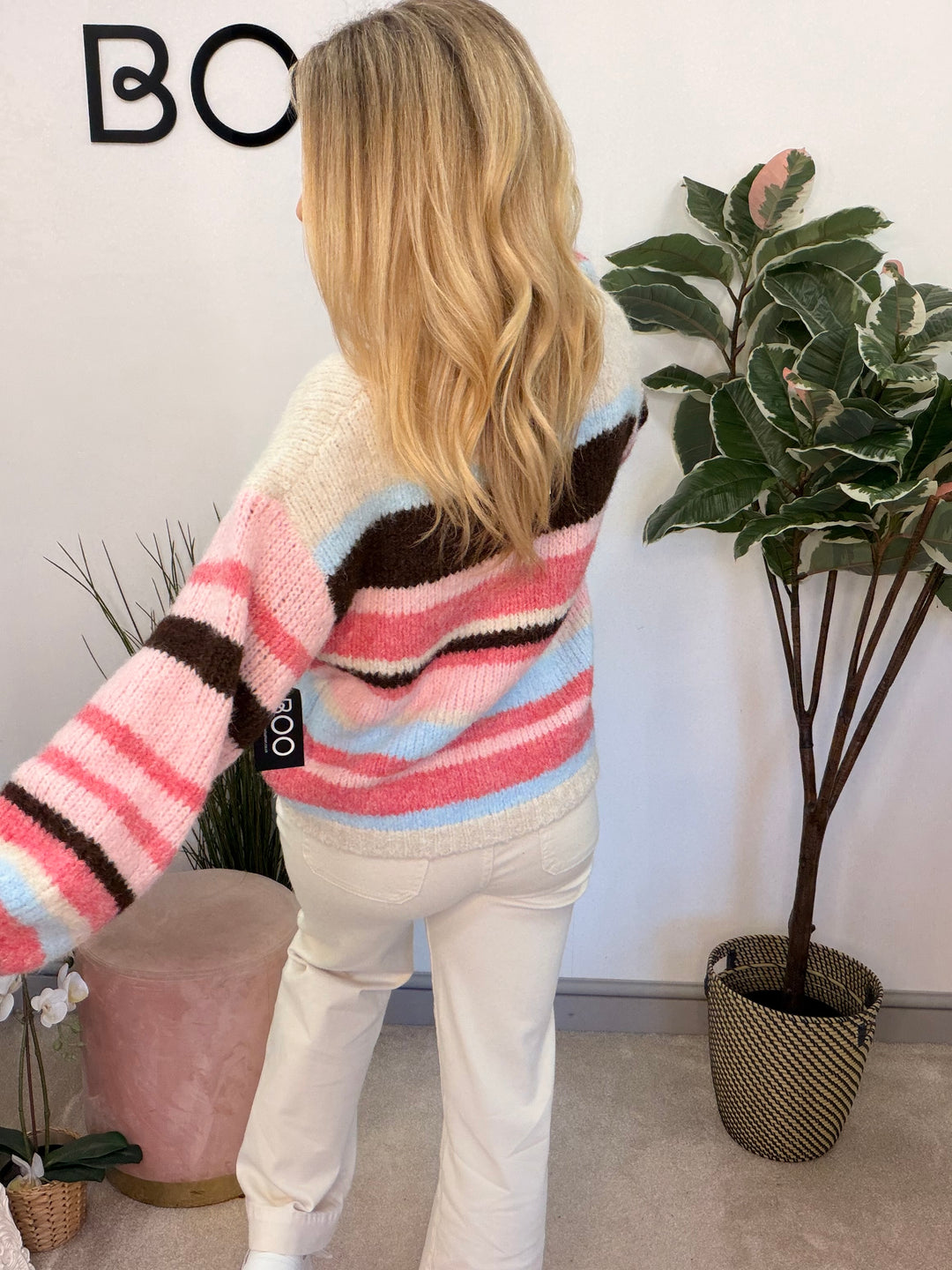 Ladies Fashion Thick Chunky Knit Stripe Oversize Cardigan