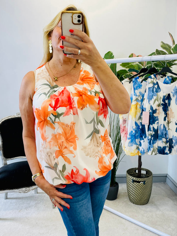 LADIES CHIFFON FLORAL PRINT TOP - PINK, ORANGE, NAVY, BLUE