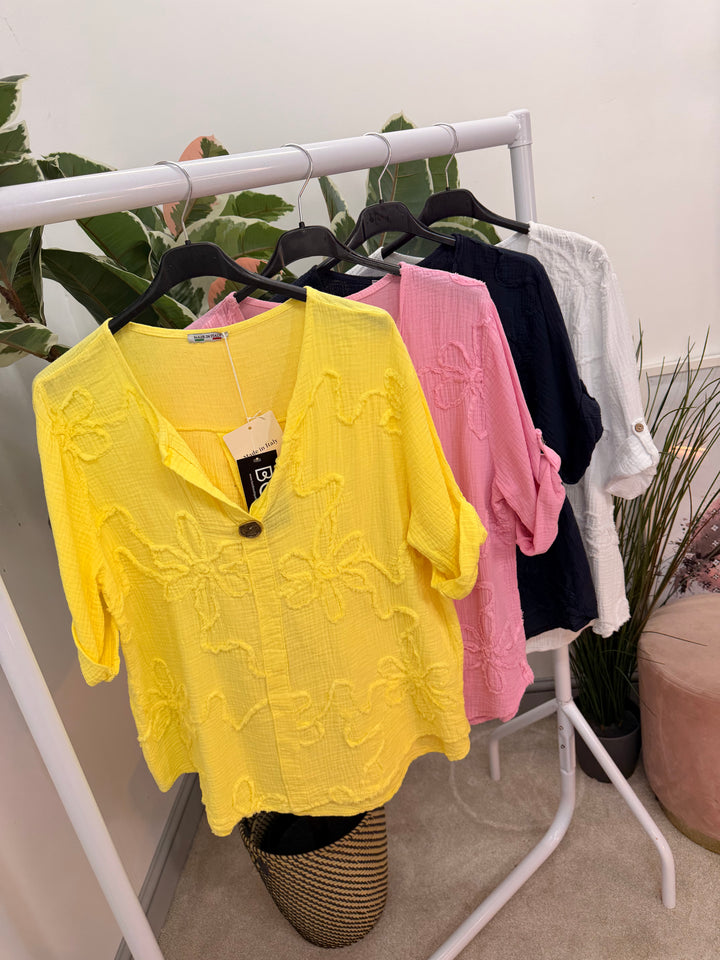 Ladies Fashion Cheesecloth Grandad Top - lemon, white, pink, navy
