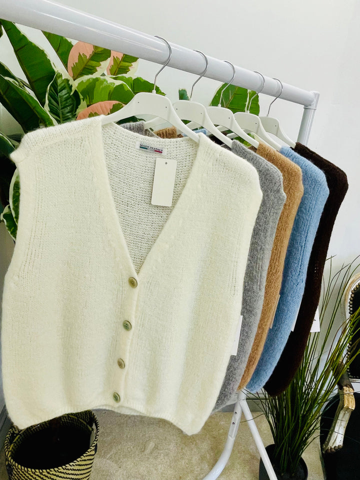 LADIES KNITTED WAISTCOAT - WHITE, BLUE, GREY, CAMEL & BROWN