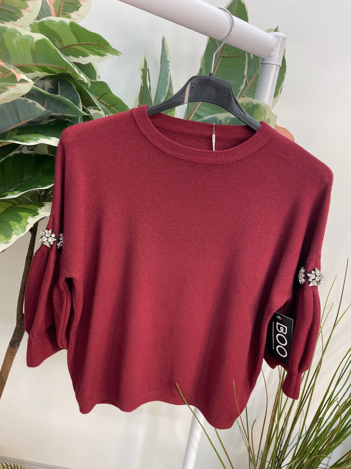 LADIES SOFT KNIT PUFF SLEEVE DIAMANTE JUMPER - BLACK, BURGUNDY, BEIGE & BROWN