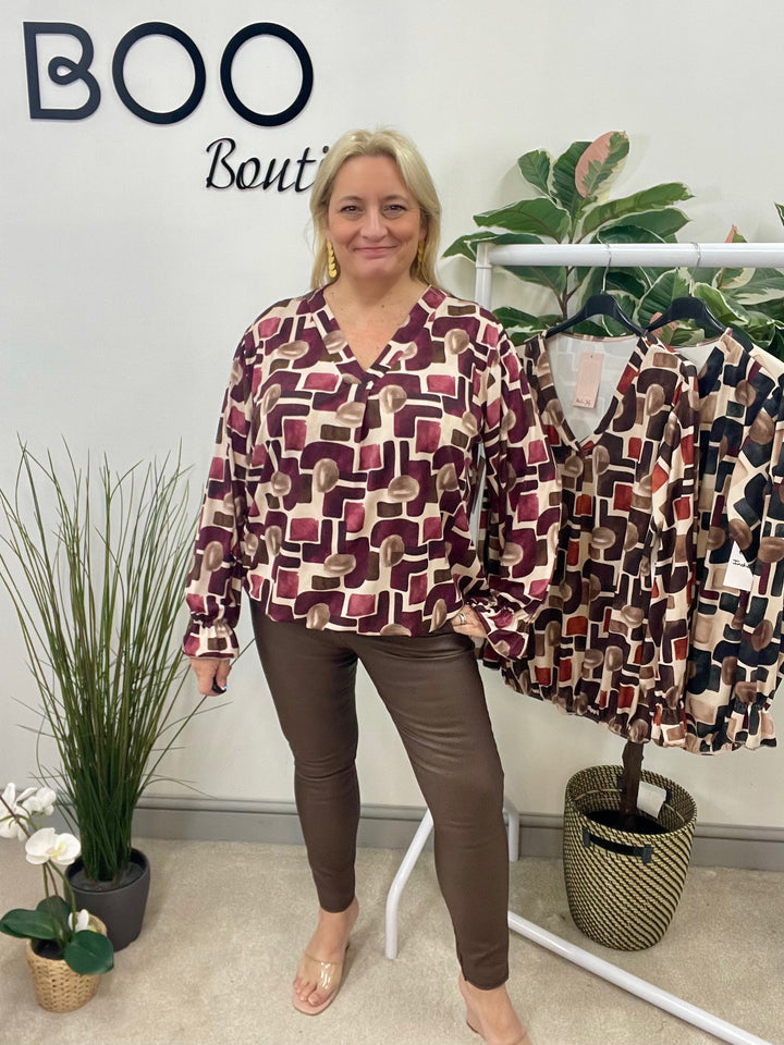 LADIES RETRO PRINT TOP BLOUSE - BLACK, BROWN, BURGUNDY