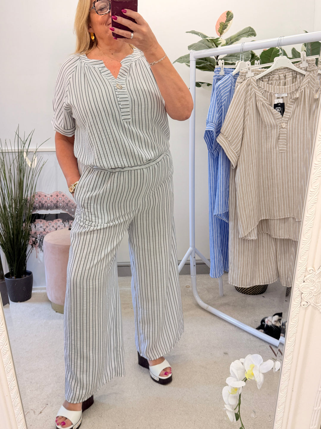 Ladies Fashion Stripe Wide Leg Trouser Co Ord Set - Khaki, Blue, White & Beige