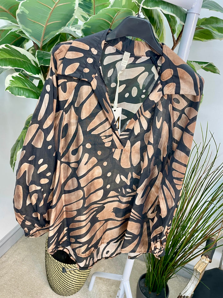 LADIES V NECK FLOATY TOP BLOUSE - BROWN, BLUE, RASPBERRY, BLACK