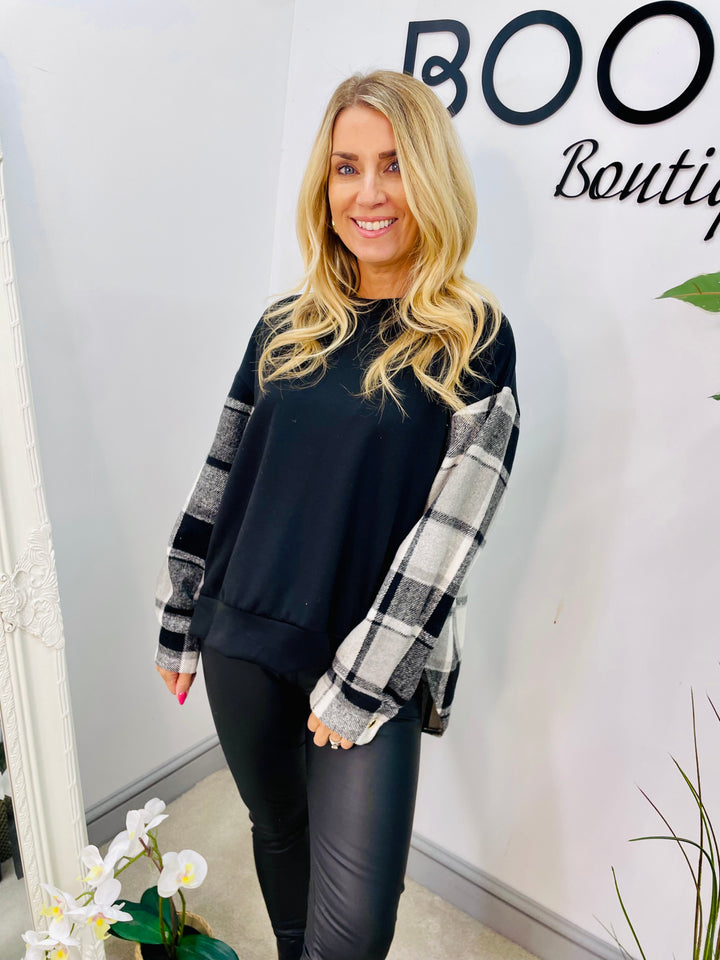 LADIES CHECK SWEATSHIRT TOP - BLACK & MOCHA