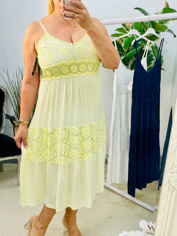 LADIES PRETTY BOHO FEMININE CROCHET DRESS - NAVY, WHITE & LEMON