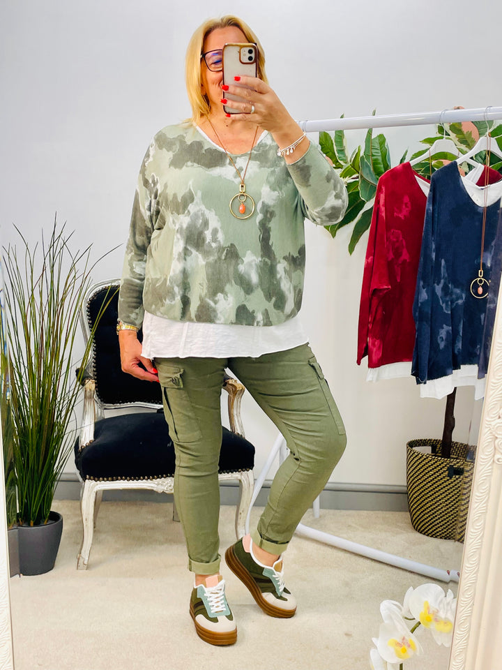 LADIES TIE DYE DOUBLE LAYER TOP - NAVY, BURGUNDY & KHAKI