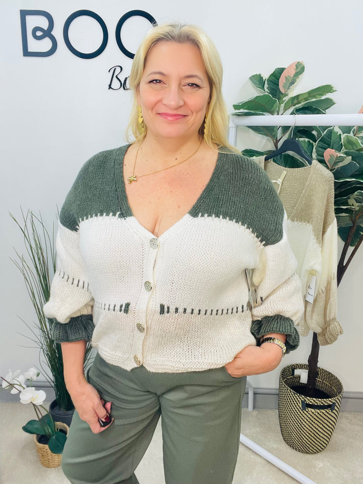 LADIES COLOUR BLOCK CARDIGAN - BEIGE & KHAKI