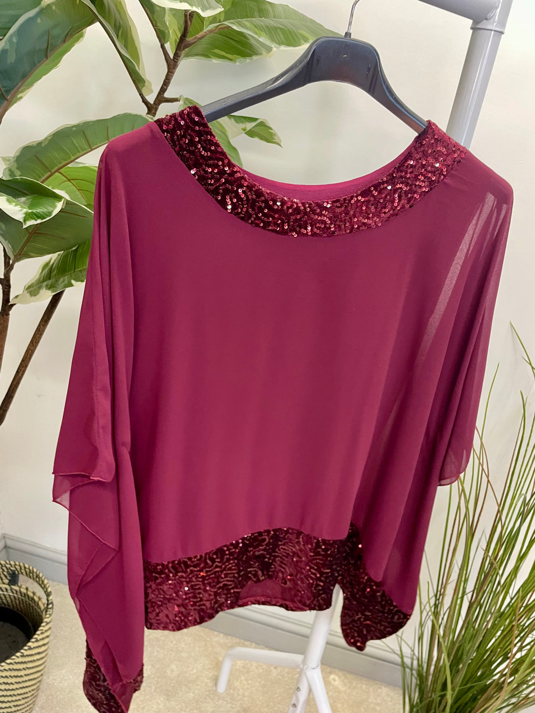 LADIES CHIFFON FLOATY SEQUIN PARTY TOP - BROWN, BLACK, BERRY
