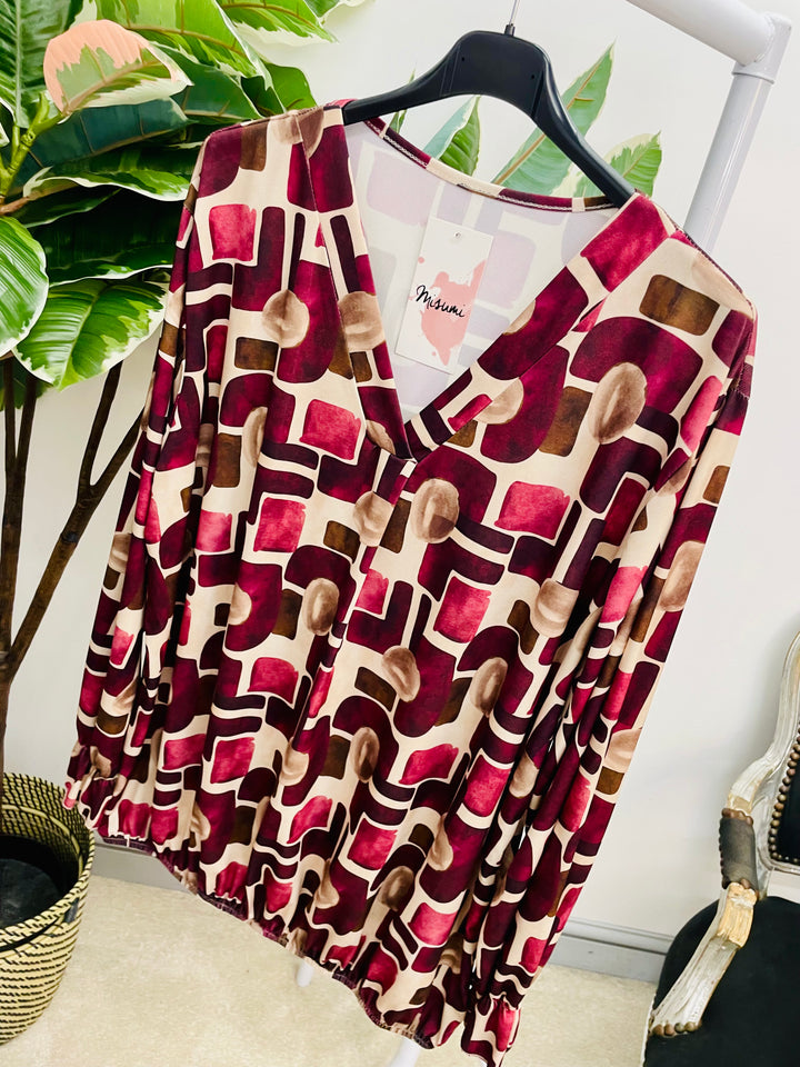 LADIES RETRO PRINT TOP BLOUSE - BLACK, BROWN, BURGUNDY