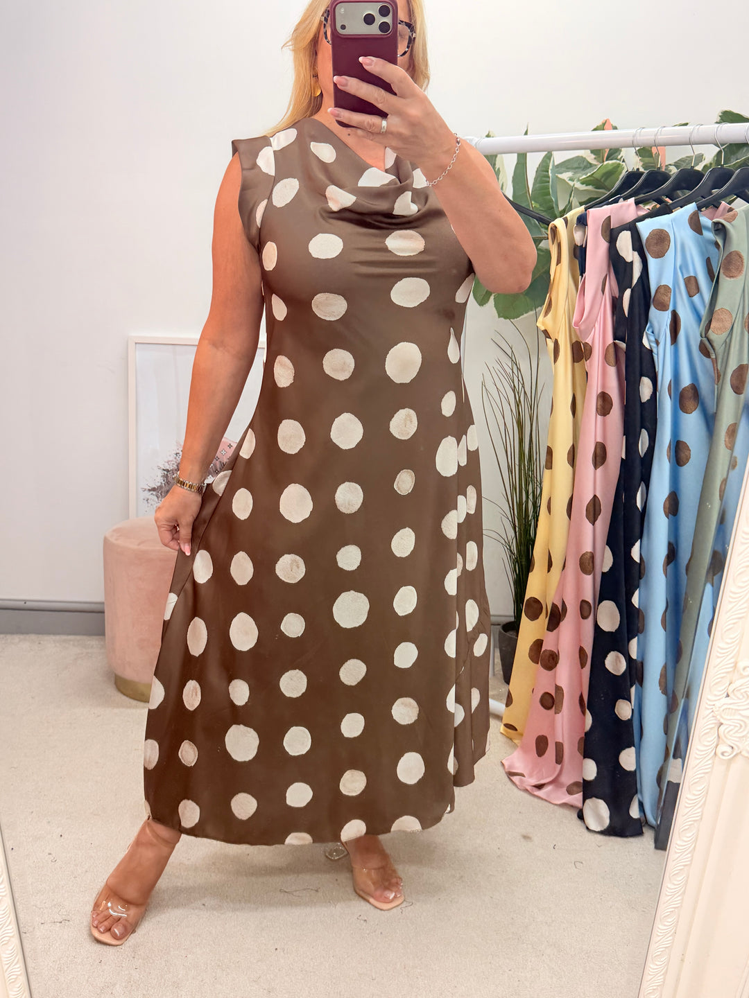 Ladies Satin Polka Dot Sheath Dress - Lemon, Black, Pink, Khaki, Navy, Black & Blue