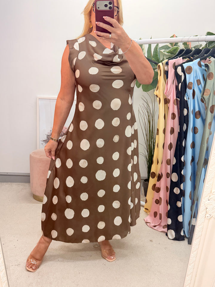 Ladies Satin Polka Dot Sheath Dress - Lemon, Black, Pink, Khaki, Navy, Black & Blue