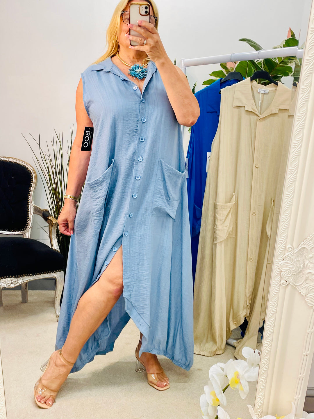 LADIES FUNKY FASHION ROMPER DRESS - BLUE, DENIM & BEIGE