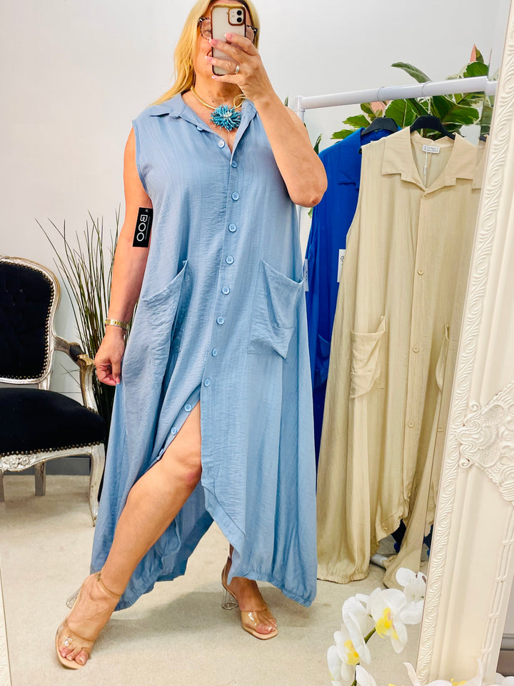 LADIES FUNKY FASHION ROMPER DRESS - BLUE, DENIM & BEIGE