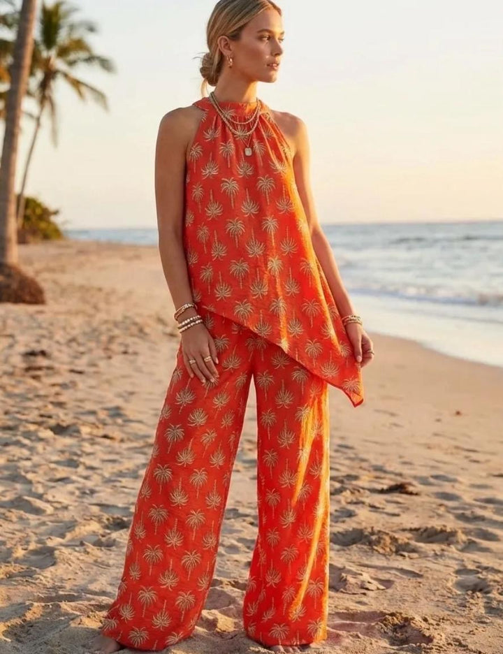 Ladies Palm Tree Print Fashion Trouser Co Ord Set - Navy, White, Pink, Brown & Orange