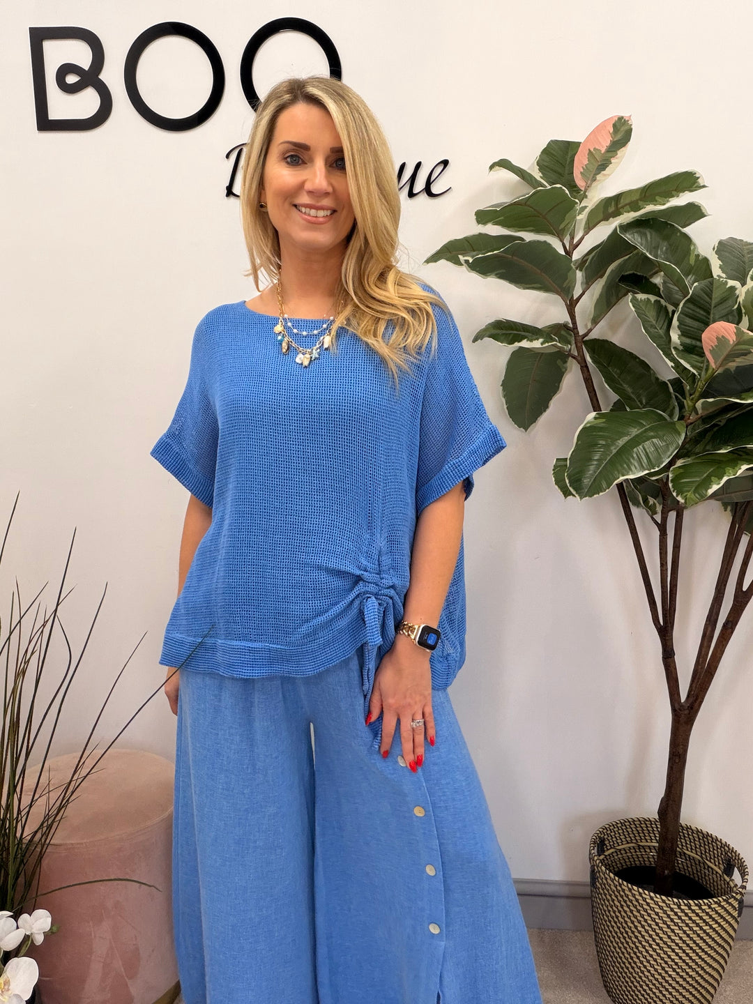 Ladies Fashion Teabag Linen Short Sleeve Top royal blue