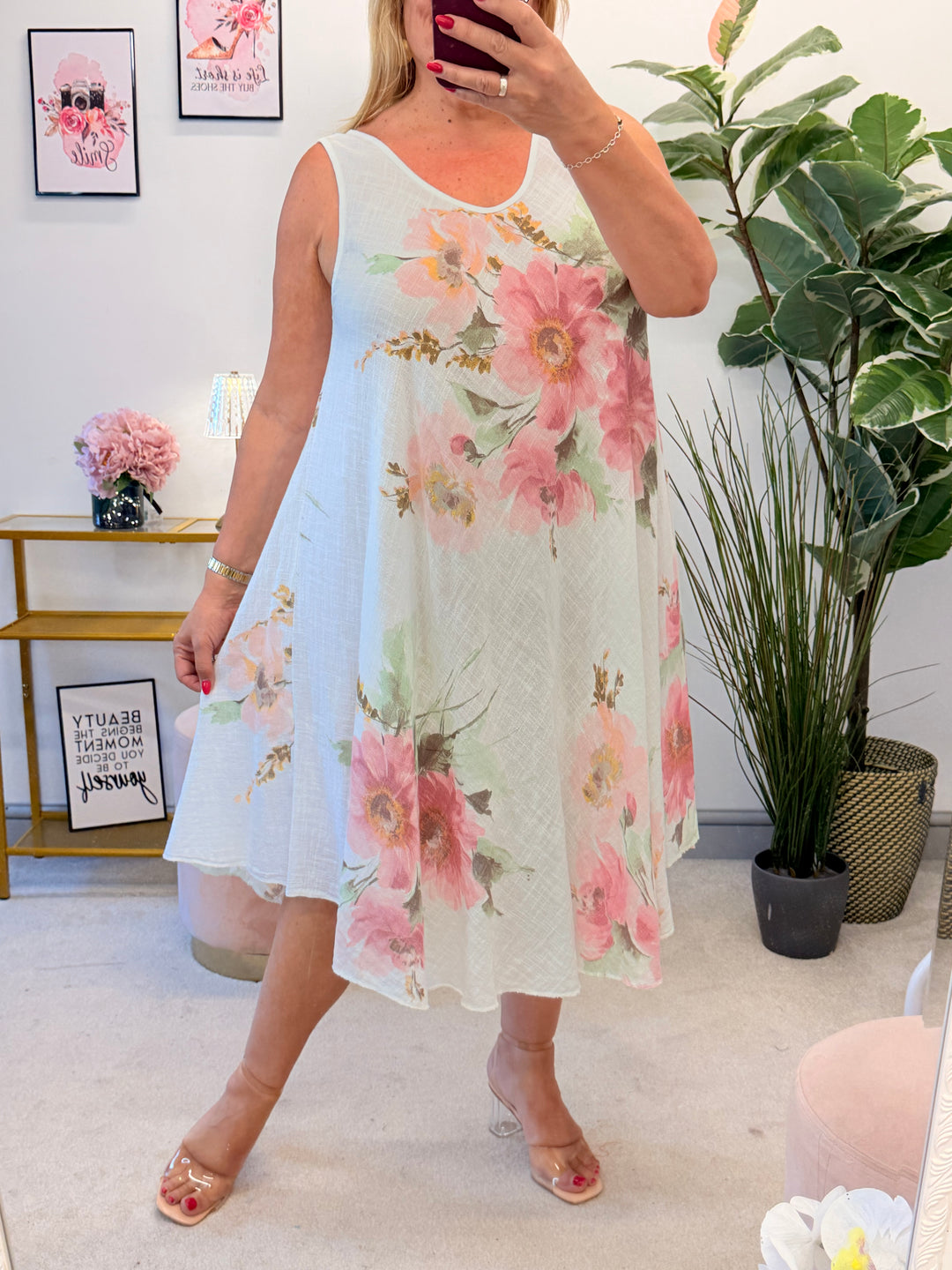 Ladies Flower Print Cotton Sun Dress - White, Pink, Blue