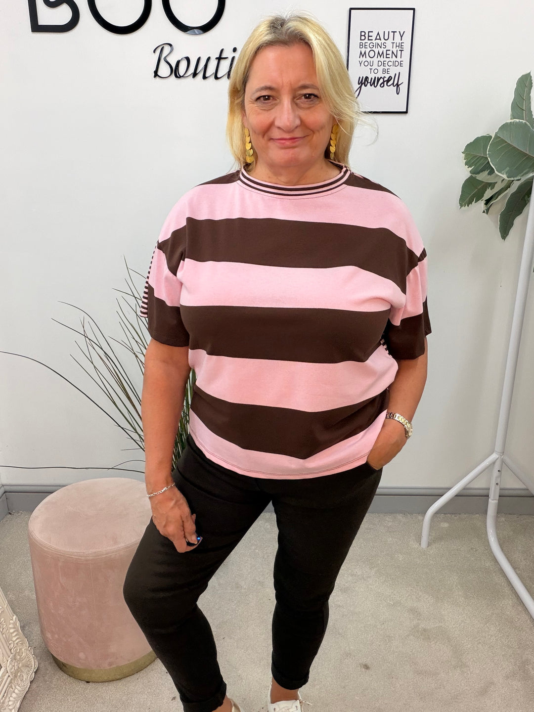 Ladies Colour Block Stripe T Shirt Top - Chocolate/Pink and Pink/Red