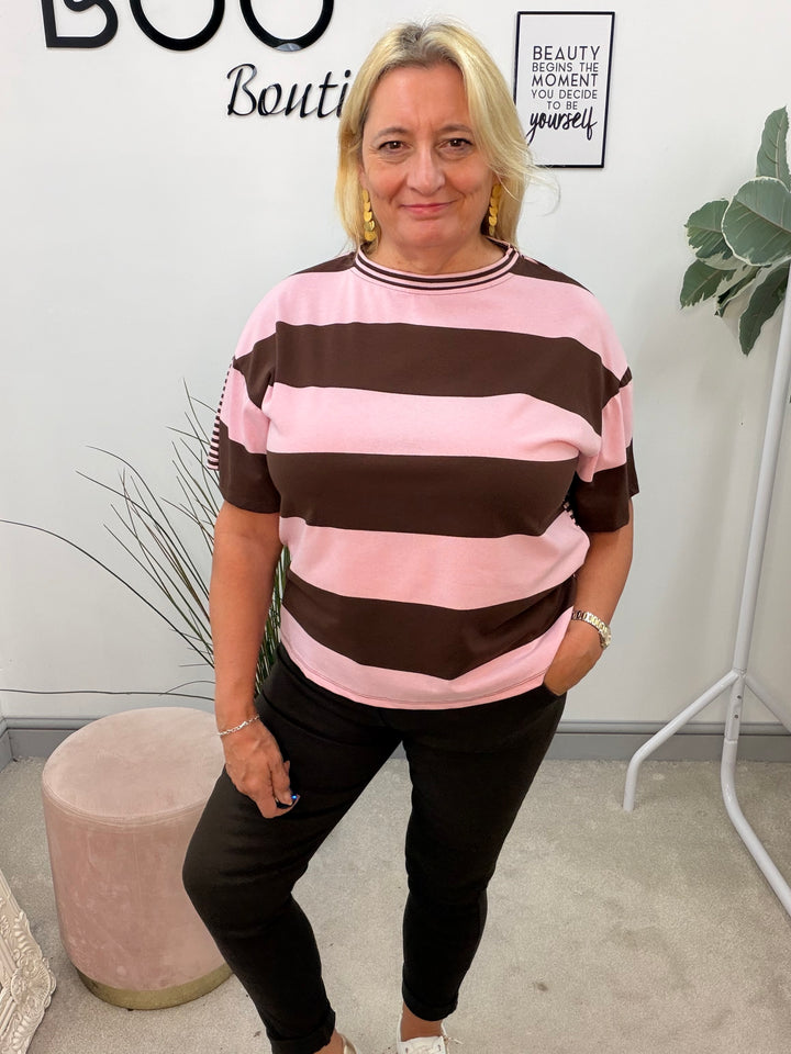 Ladies Colour Block Stripe T Shirt Top - Chocolate/Pink and Pink/Red