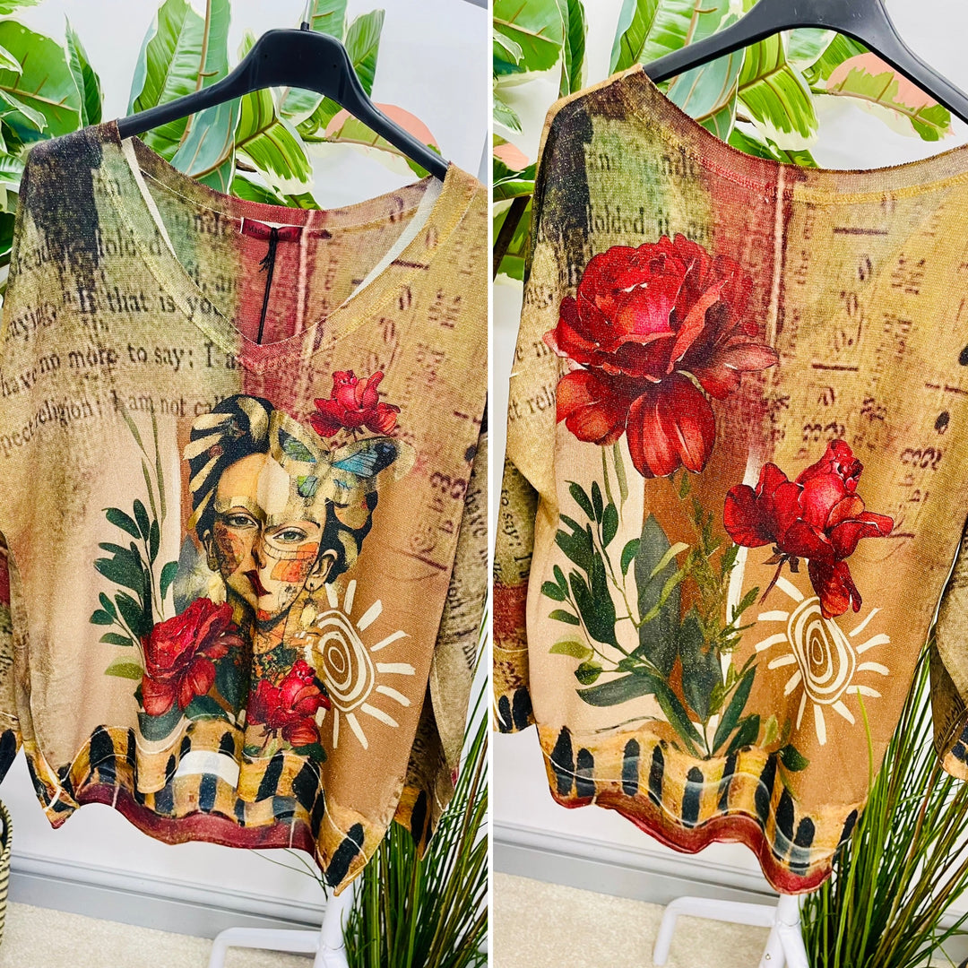 LADIES FRIEDA PRINT GOLD LUREX LONG SLEEVE TOP