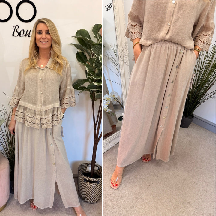 Ladies Fashion Teabag Linen Maxi Skirt - pink, blue, turquoise, beige, white, lime