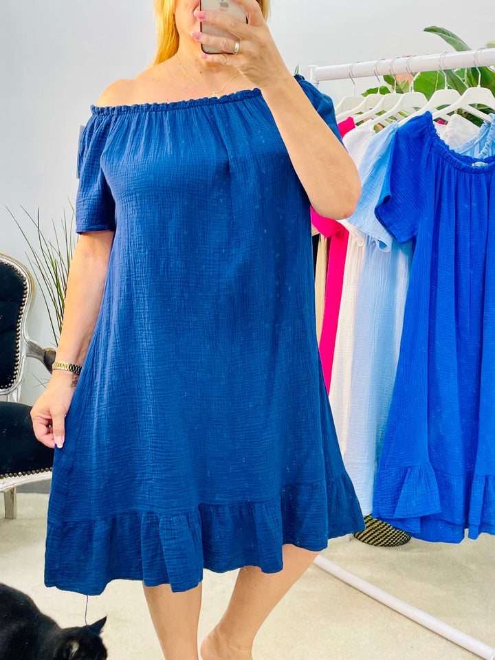 LADIES CHEESECLOTH SUMMER BARDOT MIDI DRESS - NAVY, WHITE, KHAKI, PINK, BLUE
