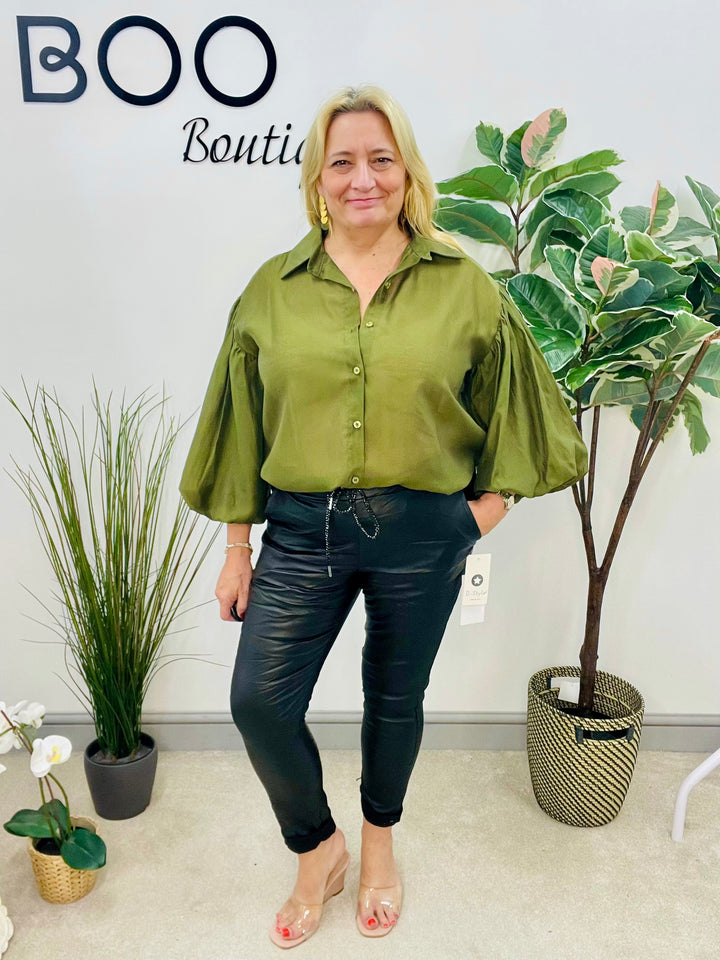 LADIES SHEER PUFF SLEEVE BLOUSE - OLIVE, BLACK, CREAM, TAUPE, WINE, BROWN