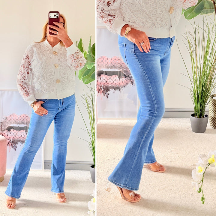 Ladies Fashion Blue Flared Leg High Waist Jeans