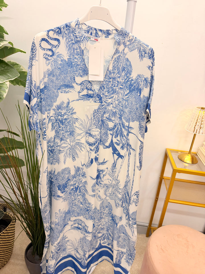 Ladies Jungle Print Loose Fit Summer Maxi Dress - Wine, Brown & Denim Blue