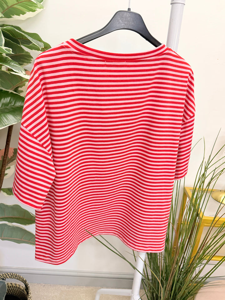 Ladies Colour Block Stripe T Shirt Top - Chocolate/Pink and Pink/Red