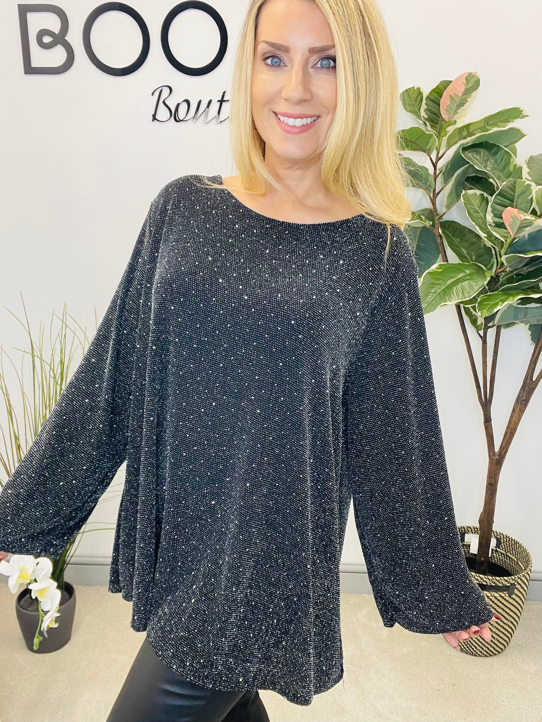 LADIES LUREX FLOATY BOW BACK TOP - BLACK, SILVER, GOLD, RED