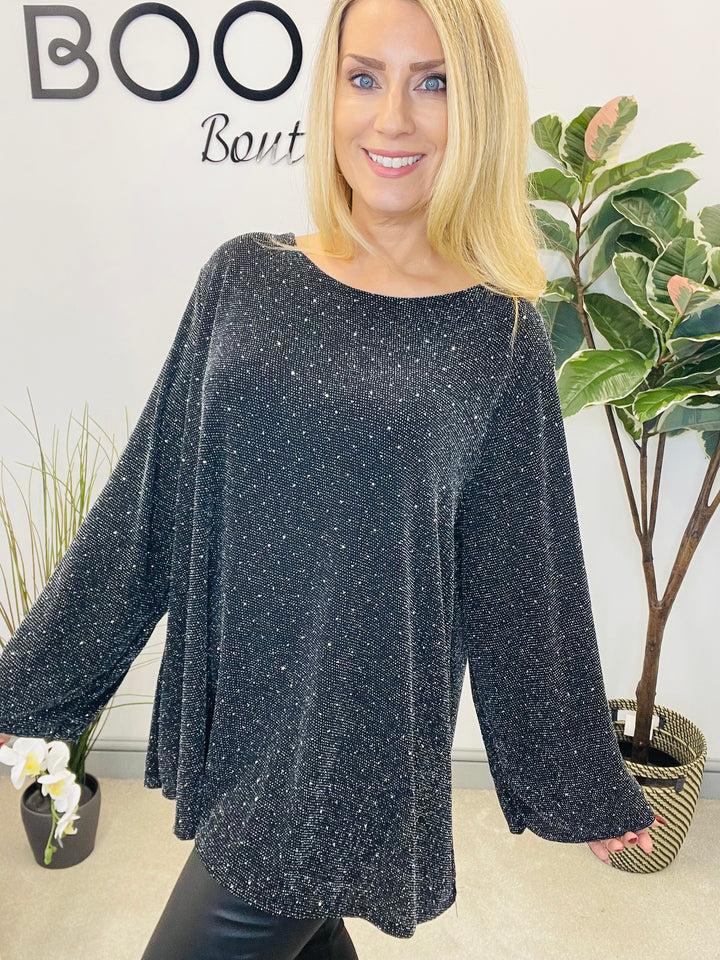 LADIES LUREX FLOATY BOW BACK TOP - BLACK, SILVER, GOLD, RED