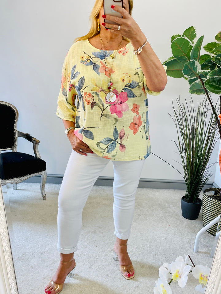 LADIES WOMENS FLORAL PRINT LINEN SUMMER TOP - PINK, ORANGE, BLUE, WHITE, YELLOW