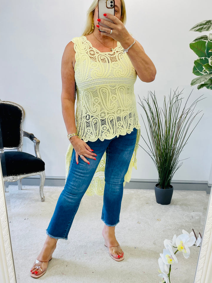 LADIES CROCHET LACE SUMMER HIGH LOW TOP - WHITE, PINK, YELLOW