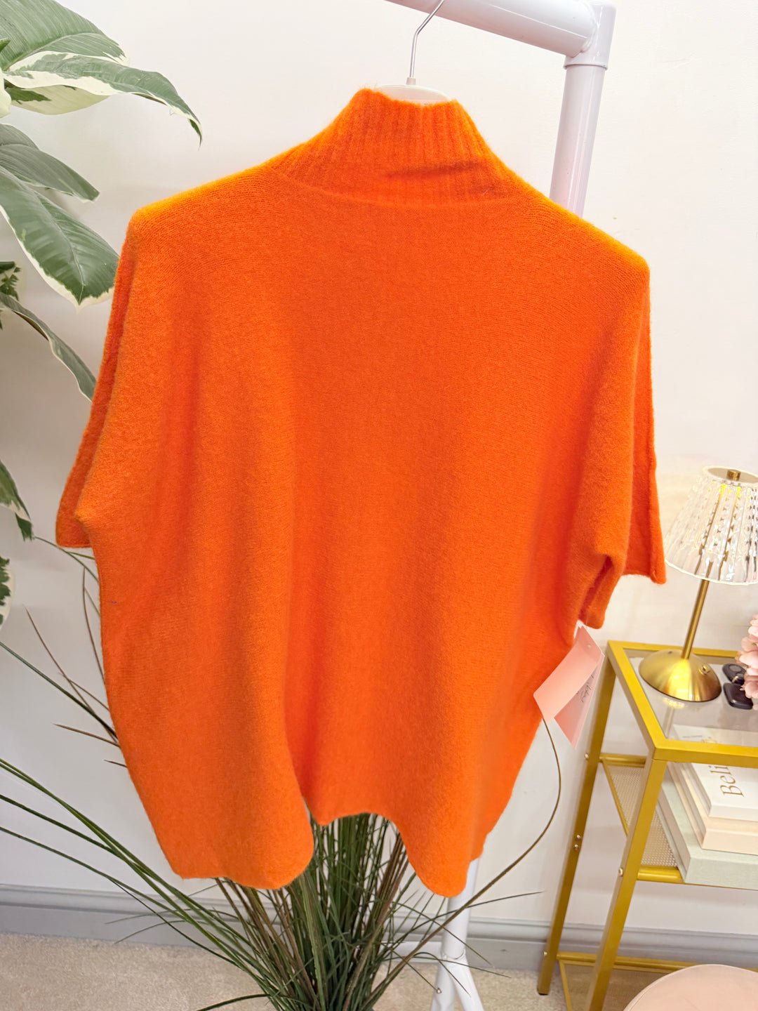Ladies Fashion High Neck Soft Knit Short Sleeve Jumper orange