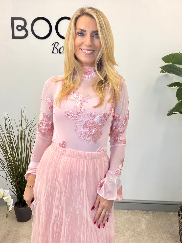 LADIES SHEER LACY TOP - BLUE, BLACK, WHITE, PINK & BROWN